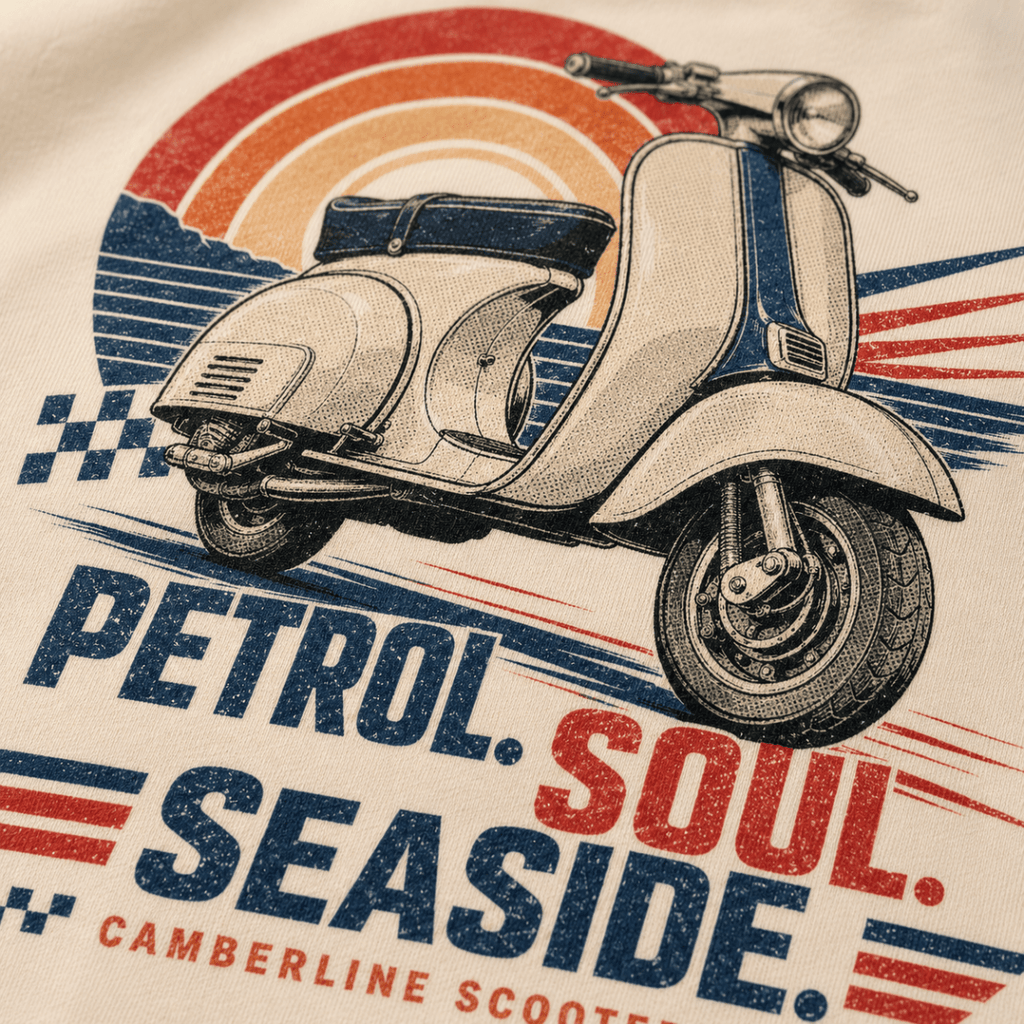 Close-up of the Petrol Soul Seaside vintage scooter premium halftone DTF print on cream hoodie fabric