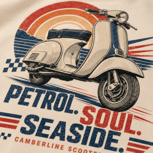 Close-up of the Petrol Soul Seaside vintage scooter premium halftone DTF print on cream hoodie fabric