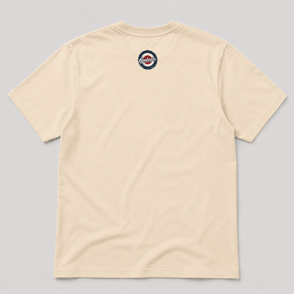 Back product view of the cream T-shirt with small Camberline nape print