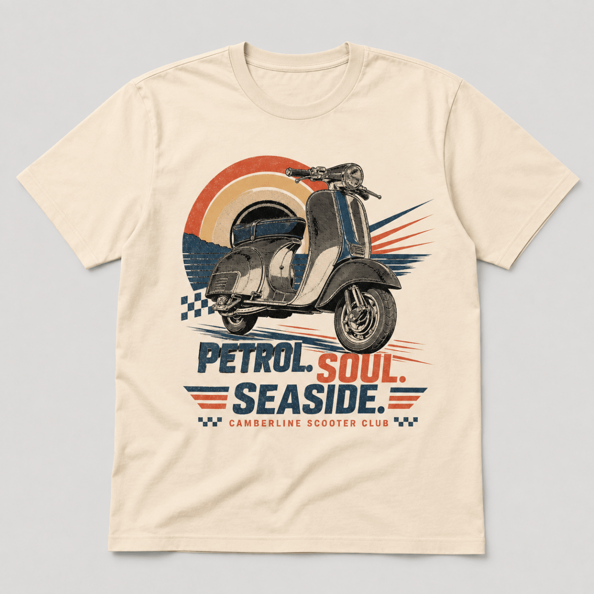 Front product view of the cream Petrol Soul Seaside scooter graphic T-shirt