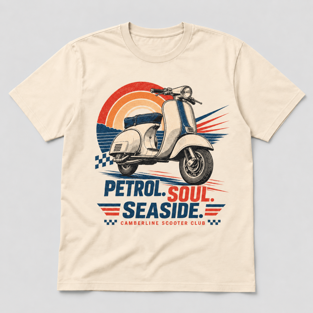 A cream-colored crewneck t-shirt featuring a retro-style graphic of a white Vespa scooter in front of a red, orange, and blue sunset. Below the scooter, the text reads 'PETROL.