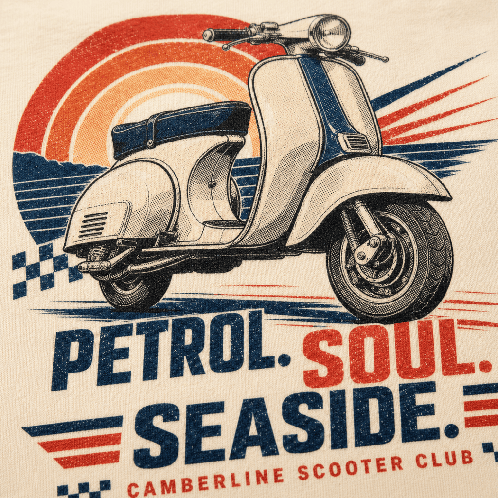 Close-up of the Petrol Soul Seaside vintage scooter premium halftone DTF print on cream fabric