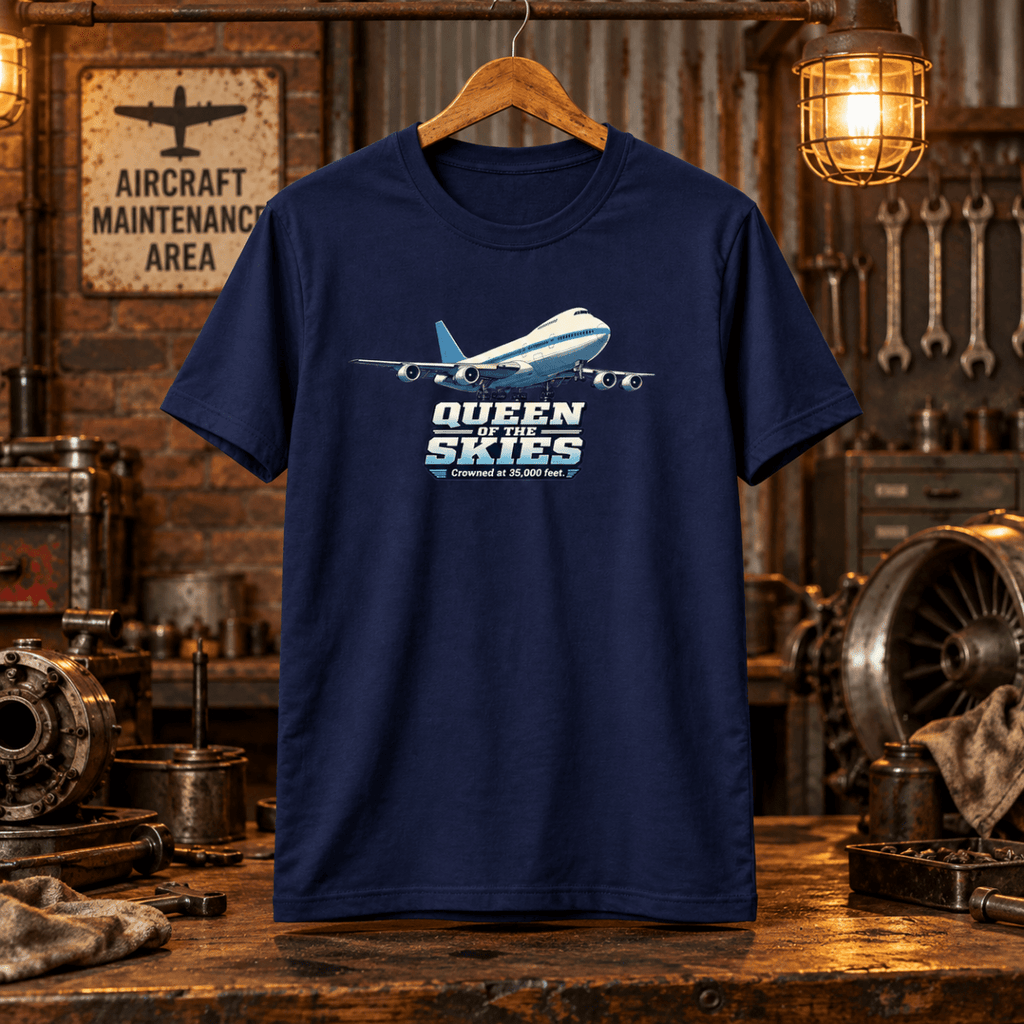 Navy Boeing 747 Queen of the Skies graphic T-shirt in a gritty vintage aviation workshop