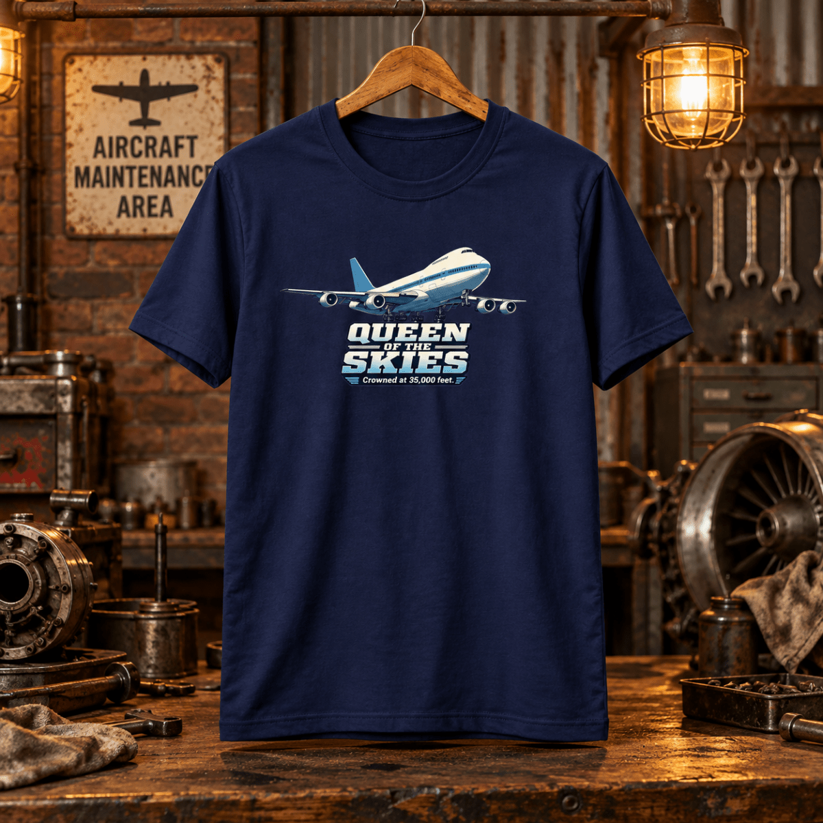 Navy Boeing 747 Queen of the Skies graphic T-shirt in a gritty vintage aviation workshop