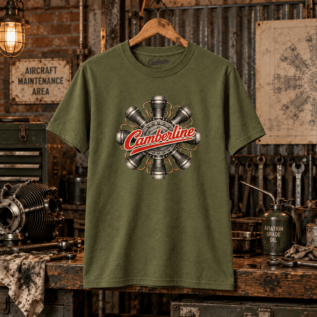 Military green Camberline radial engine graphic T-shirt in a gritty vintage aviation workshop