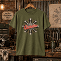 Military green Camberline radial engine graphic T-shirt in a gritty vintage aviation workshop