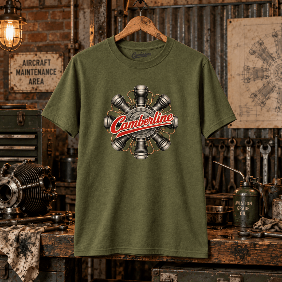 Military green Camberline radial engine graphic T-shirt in a gritty vintage aviation workshop