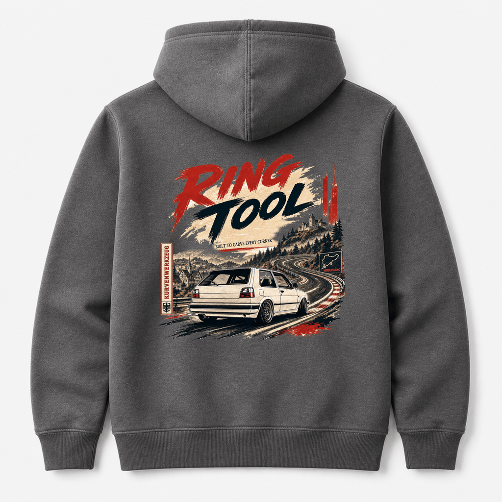 Storm grey hoodie featuring a white classic hot hatch on a race track with "Ring Tool" and Nürburgring map graphics.
