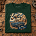Classic Coupe Graphic T-Shirt – Riviera Line, folded front main hero on a worn automotive workbench – car-ts-0052