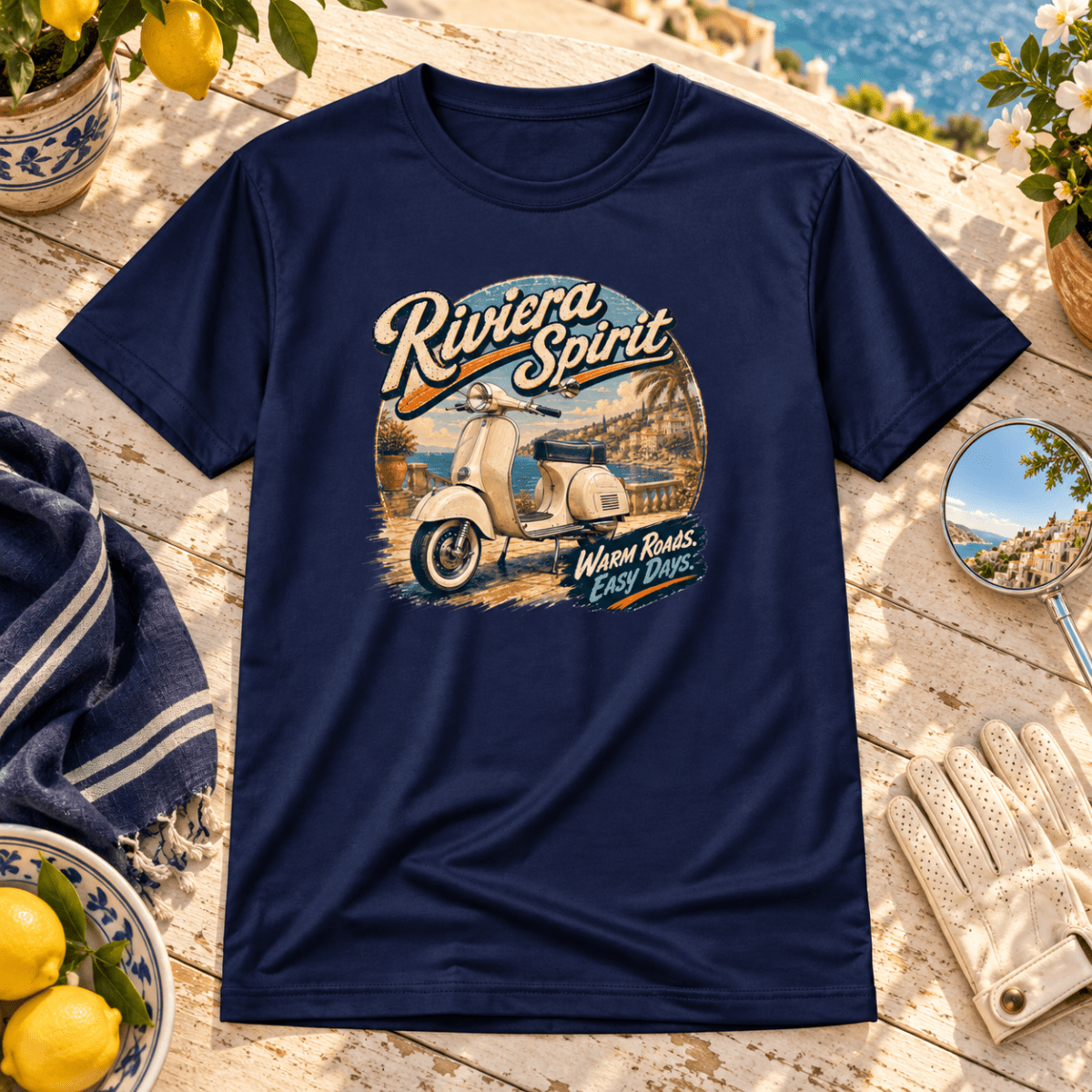 Riviera Spirit Mod scooter navy T-shirt front hero in a sunny coastal setting