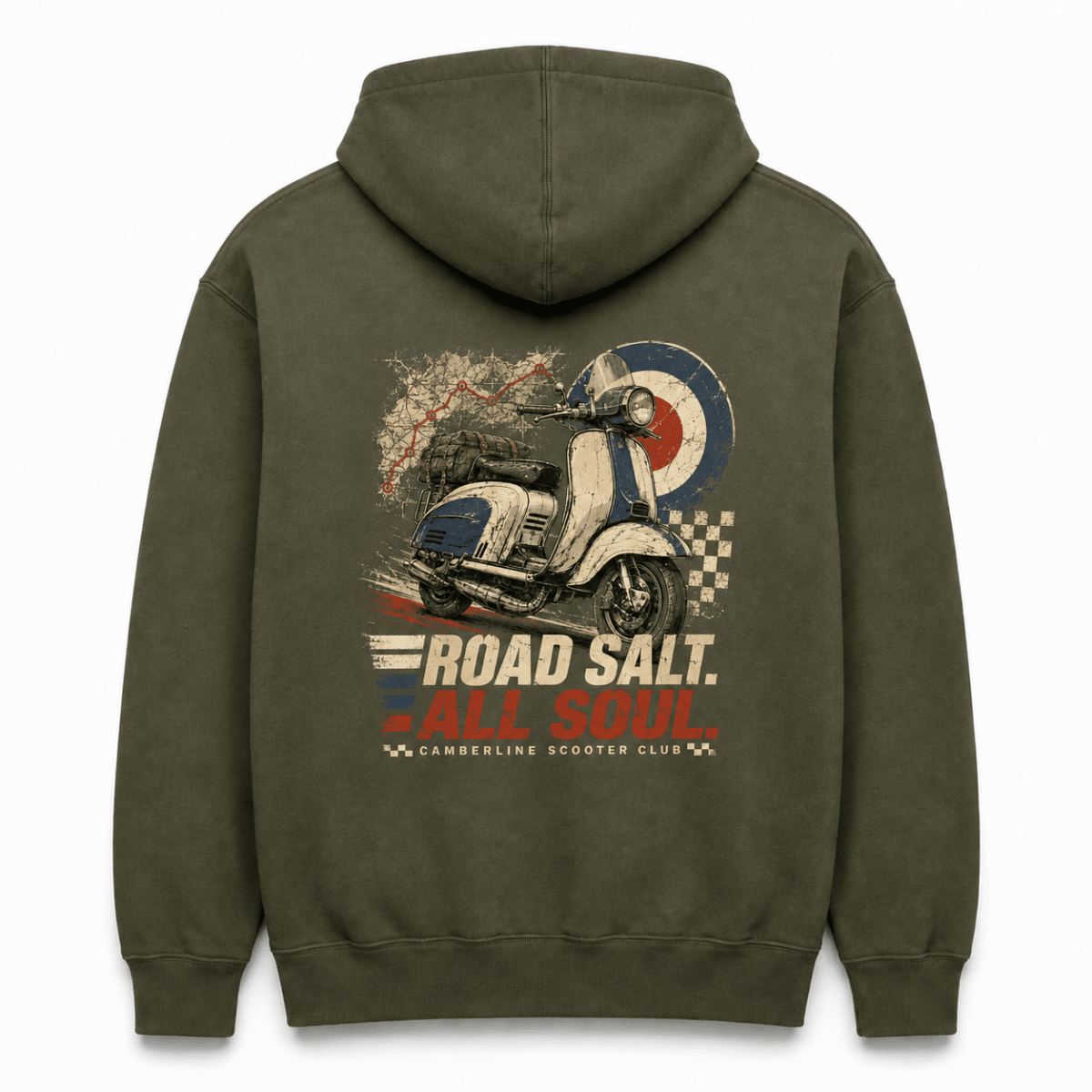 Back product view of the military green Road Salt All Soul scooter graphic hoodie