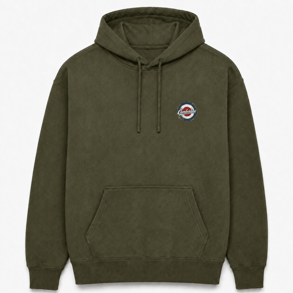 Front product view of the military green hoodie with small Camberline left-chest print