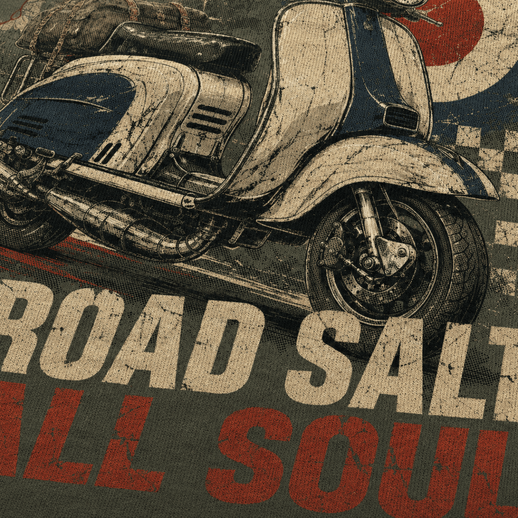 Close-up of the Road Salt All Soul vintage scooter premium halftone DTF print on military green hoodie fabric