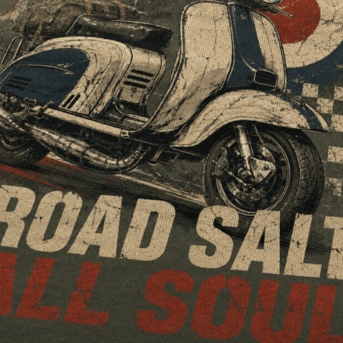 Close-up of the Road Salt All Soul vintage scooter premium halftone DTF print on military green hoodie fabric