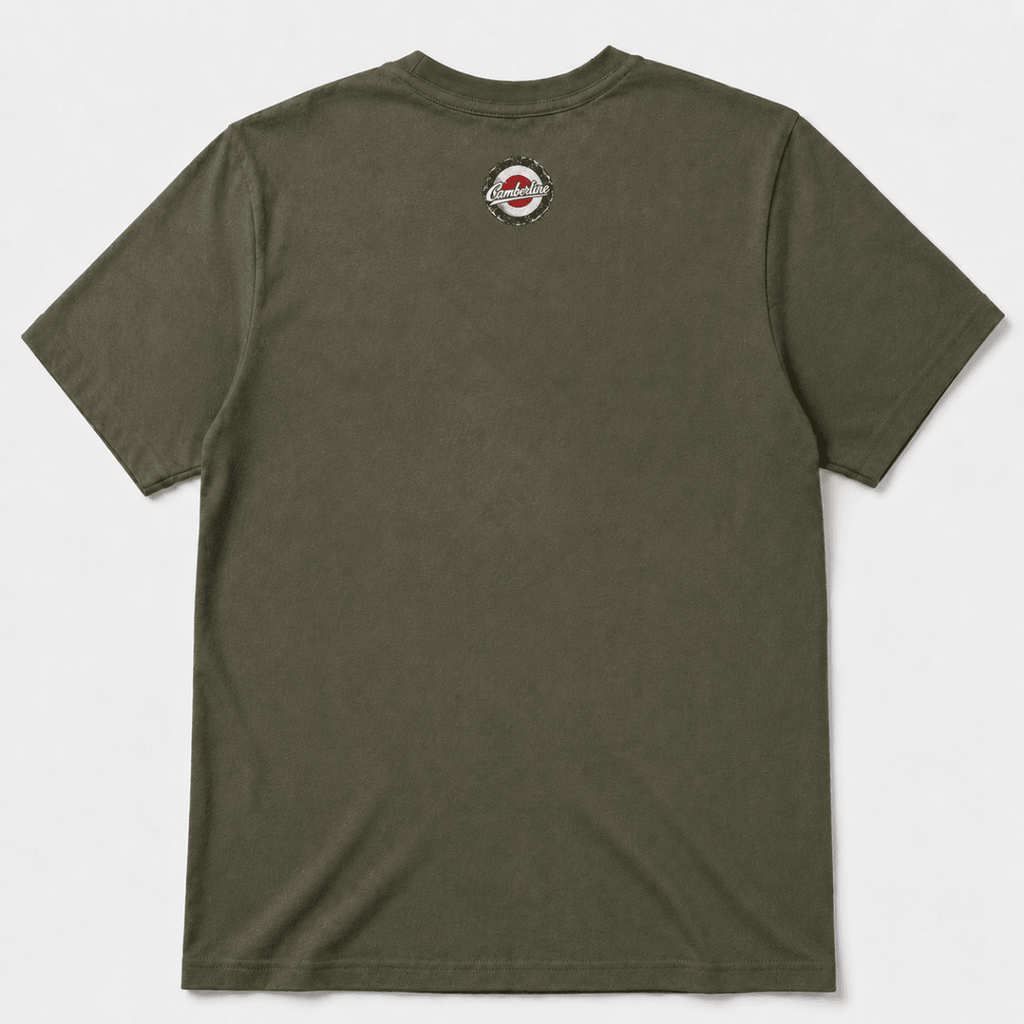 Back product view of the military green T-shirt with small Camberline nape print