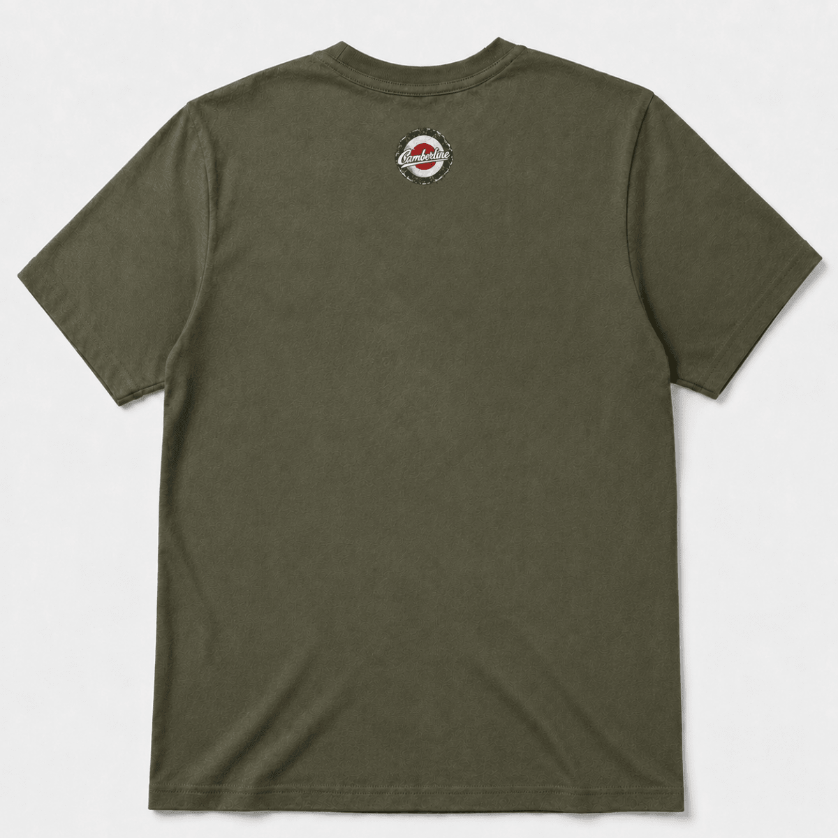 Back product view of the military green T-shirt with small Camberline nape print