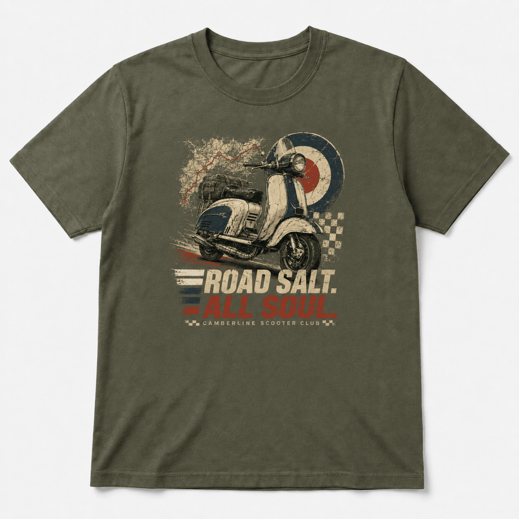 Front product view of the military green Road Salt All Soul scooter graphic T-shirt