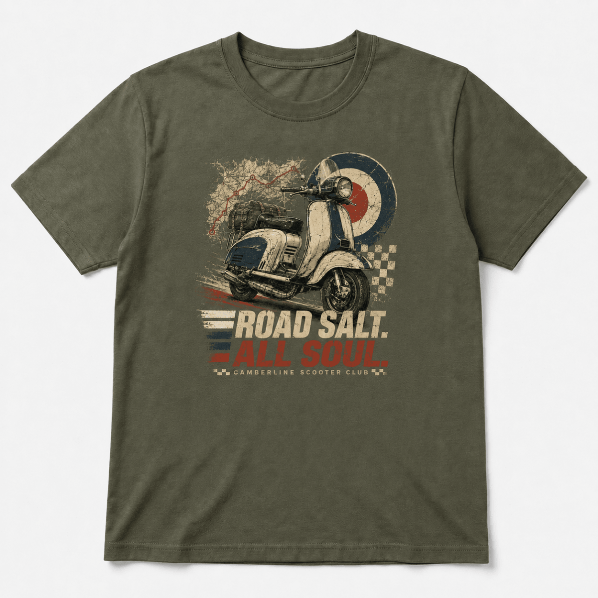 Front product view of the military green Road Salt All Soul scooter graphic T-shirt
