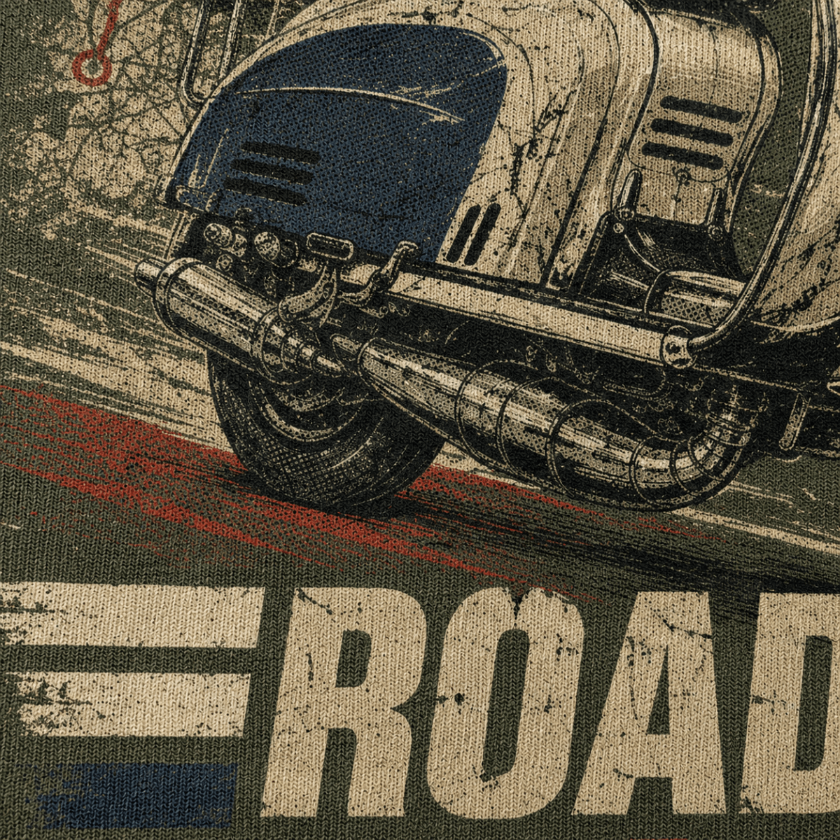 Close-up of the Road Salt All Soul vintage scooter premium halftone DTF print on military green fabric