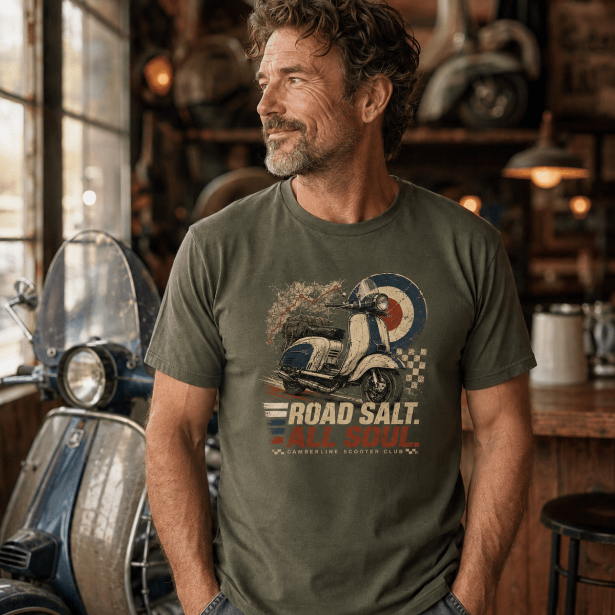 Model wearing a military green Road Salt All Soul vintage scooter graphic T-shirt, front view