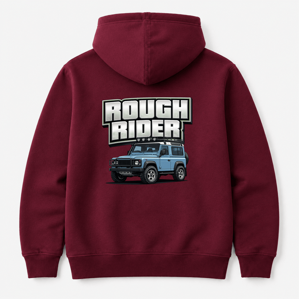 Camberline Cars Rough Rider Hoodie in Burgundy showing back graphic