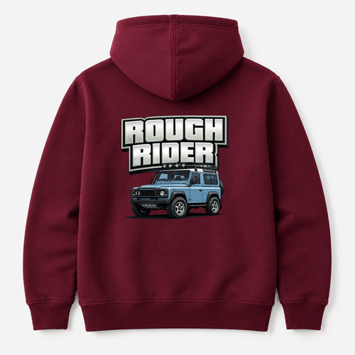 Camberline Cars Rough Rider Hoodie in Burgundy showing back graphic