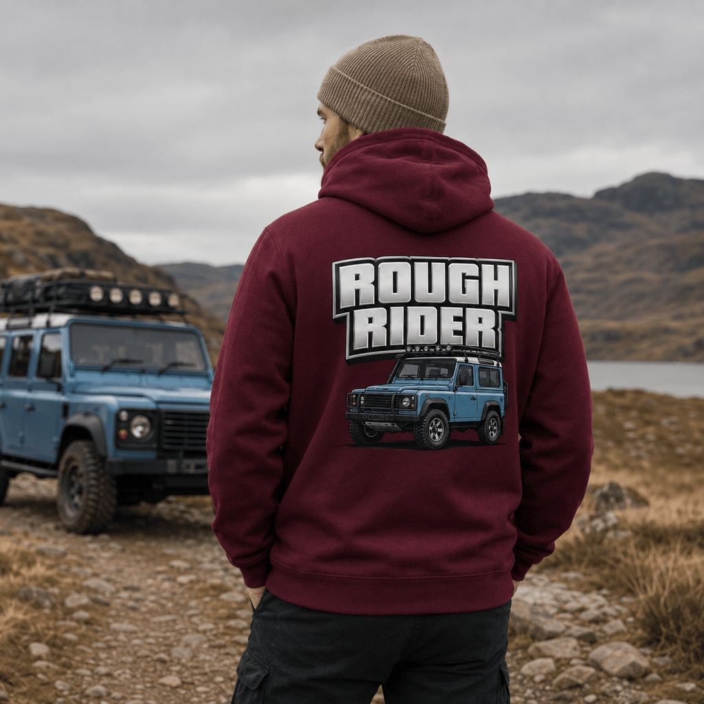 Model wearing Camberline Cars Rough Rider Hoodie in Burgundy