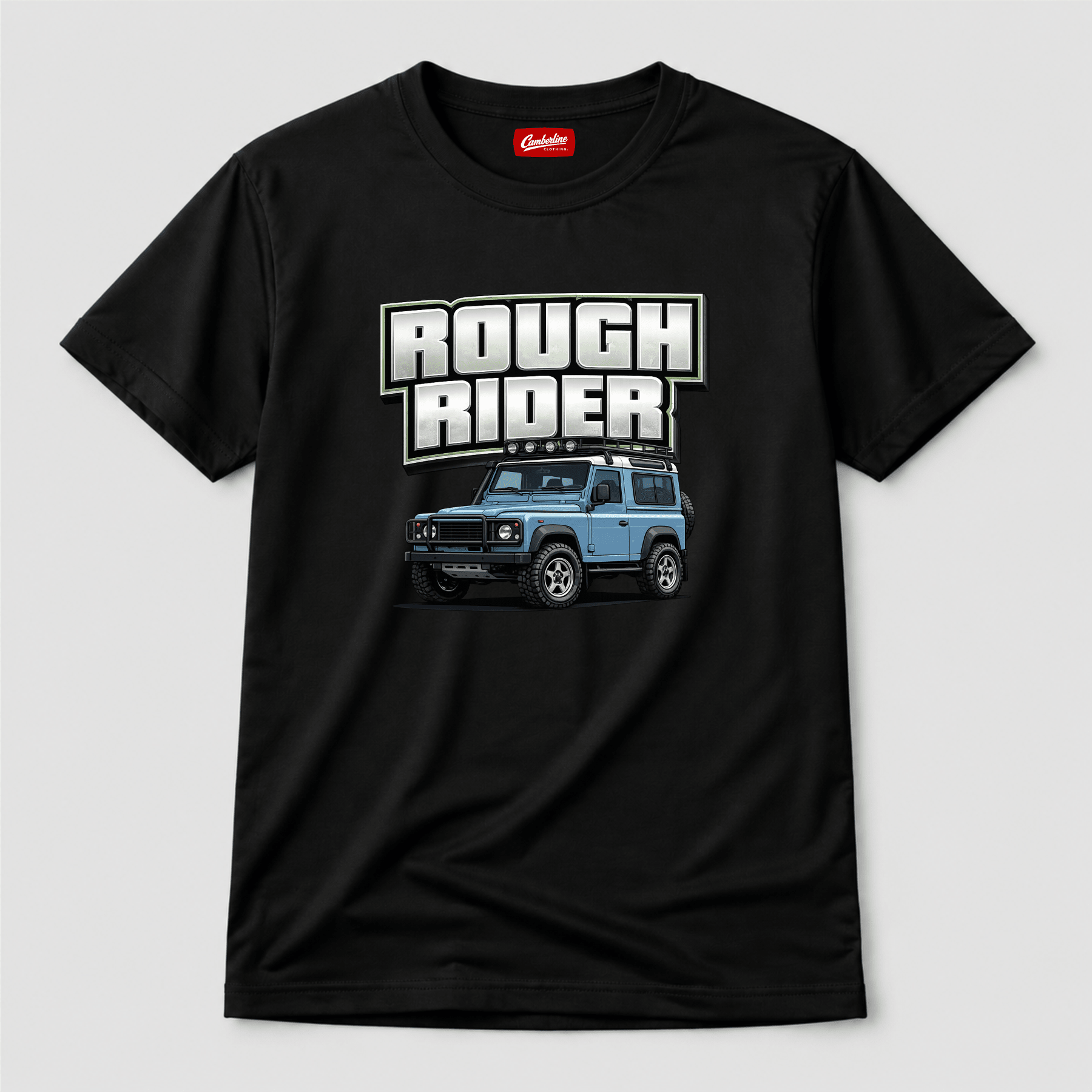 Camberline Cars Rough Rider T-Shirt in Black showing front graphic