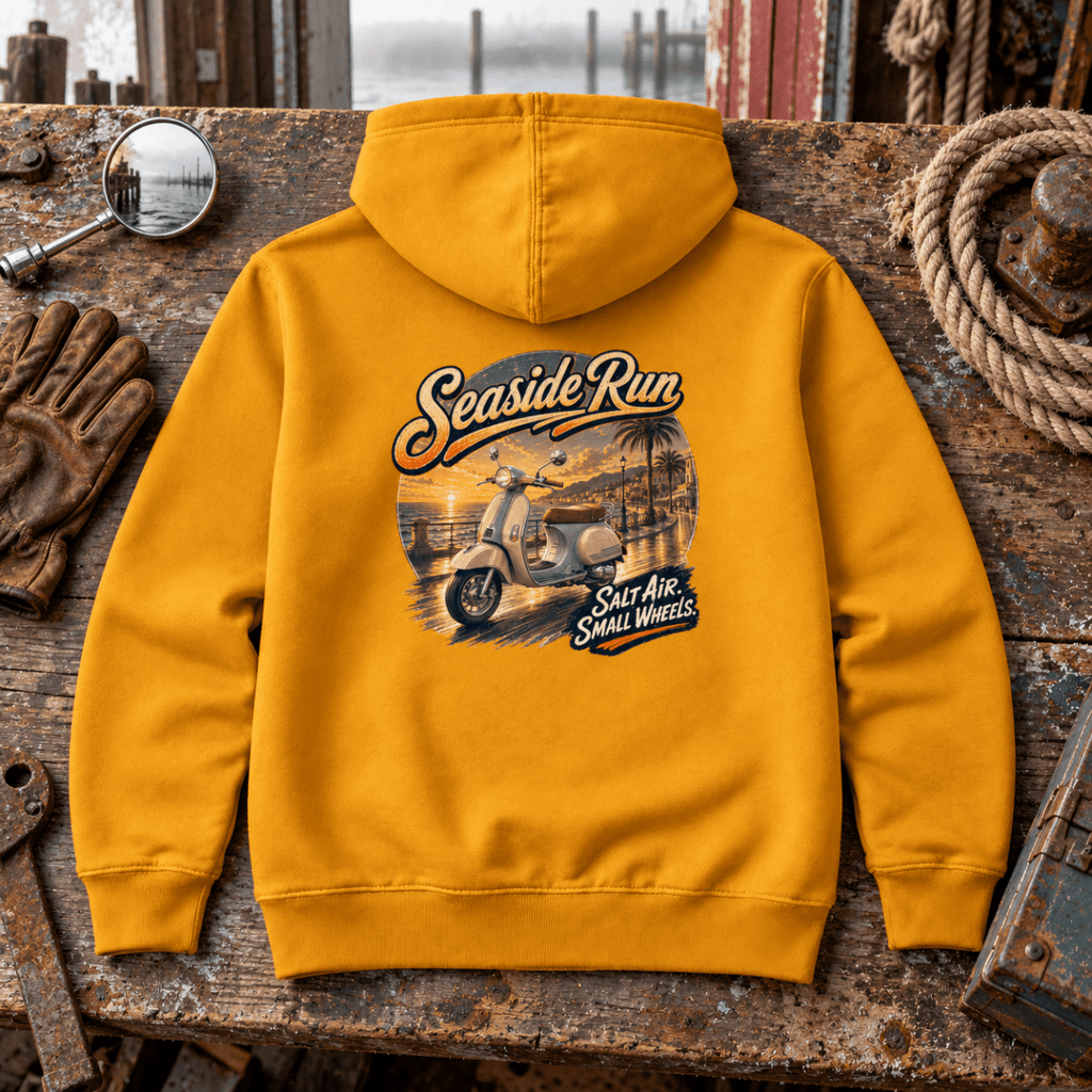 Seaside Run Mod scooter mustard hoodie back hero in an old harbour workshop