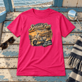 Seaside Run Mod scooter pink T-shirt front hero in a British coastal setting