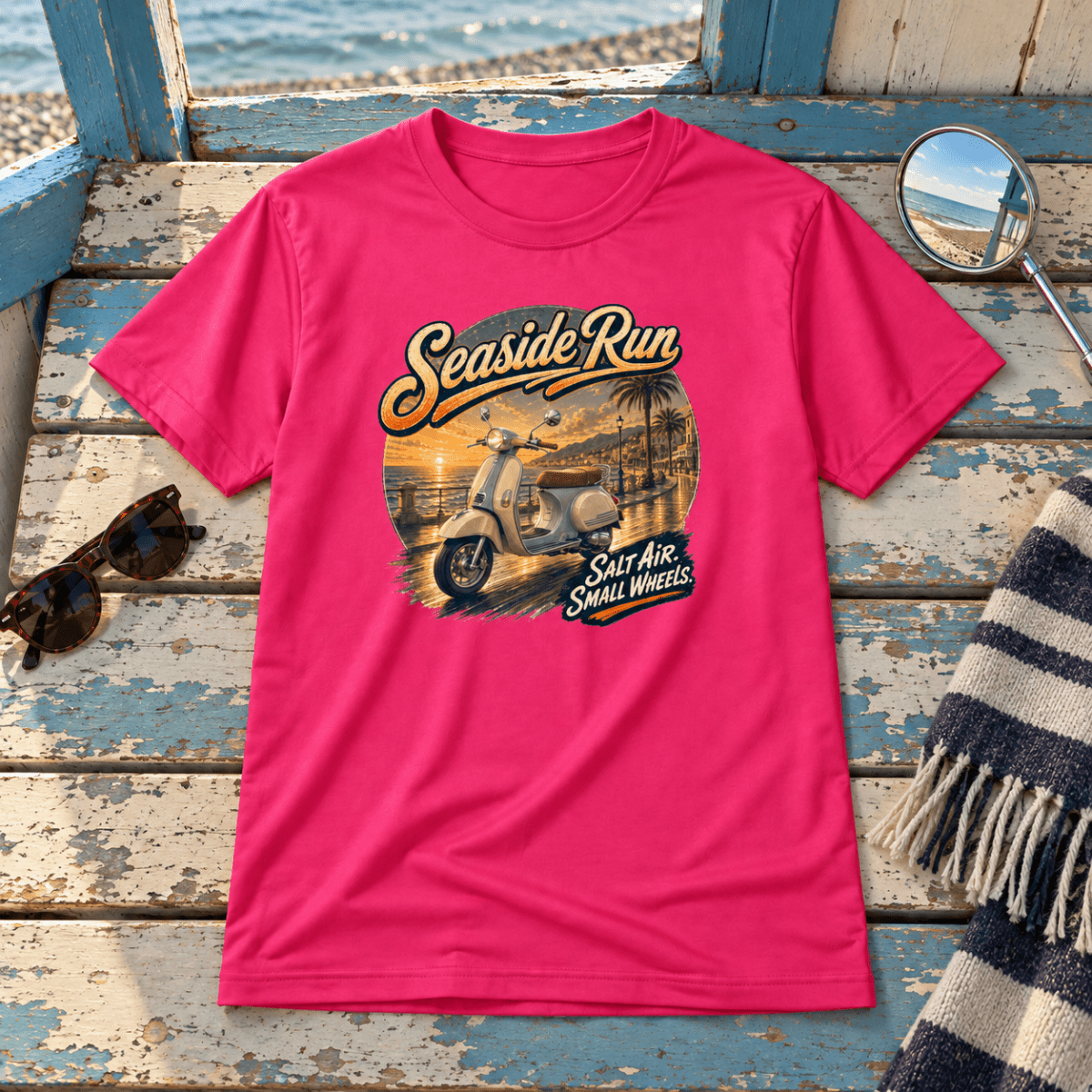 Seaside Run Mod scooter pink T-shirt front hero in a British coastal setting