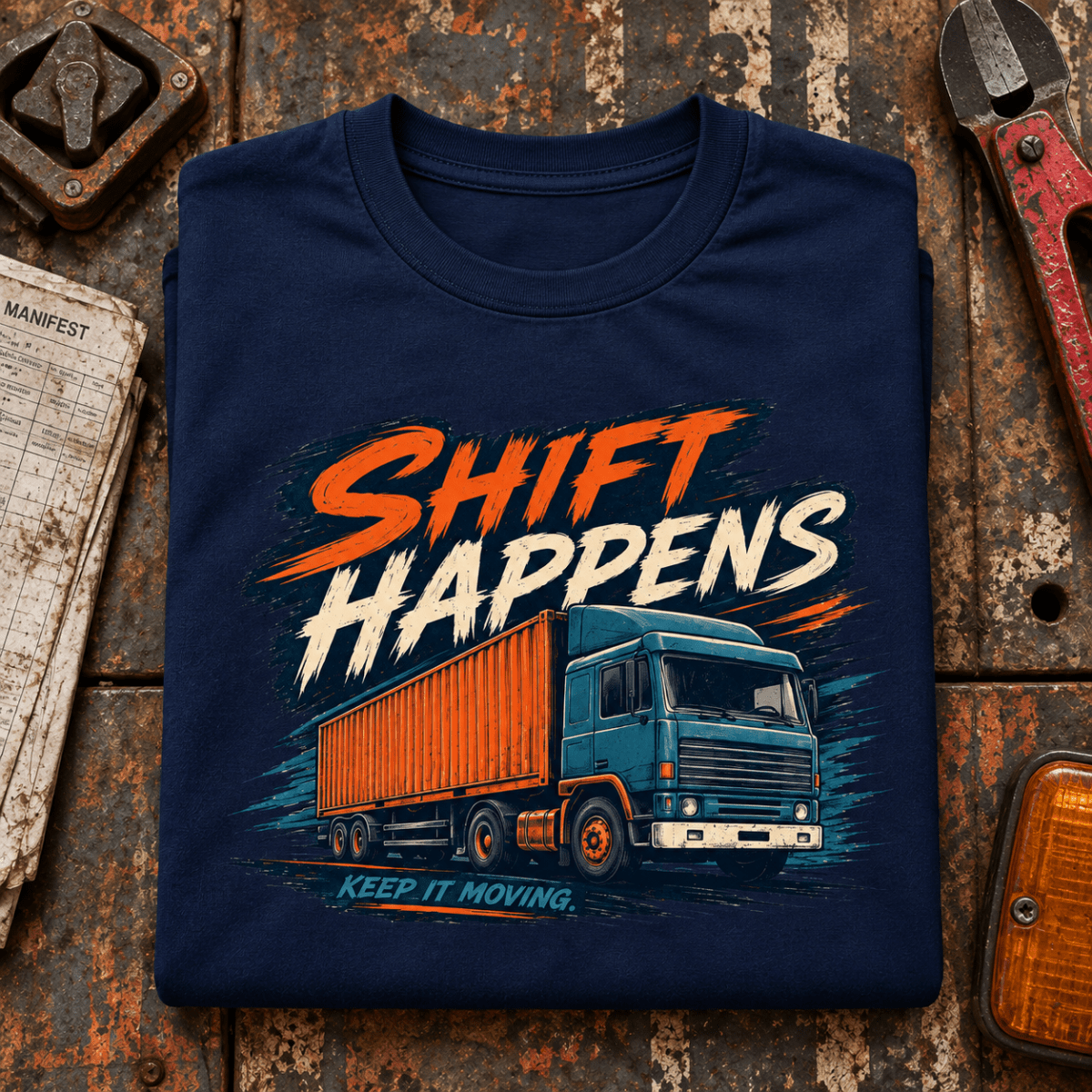 Navy Shift Happens lorry T-shirt folded on a gritty container-yard bench