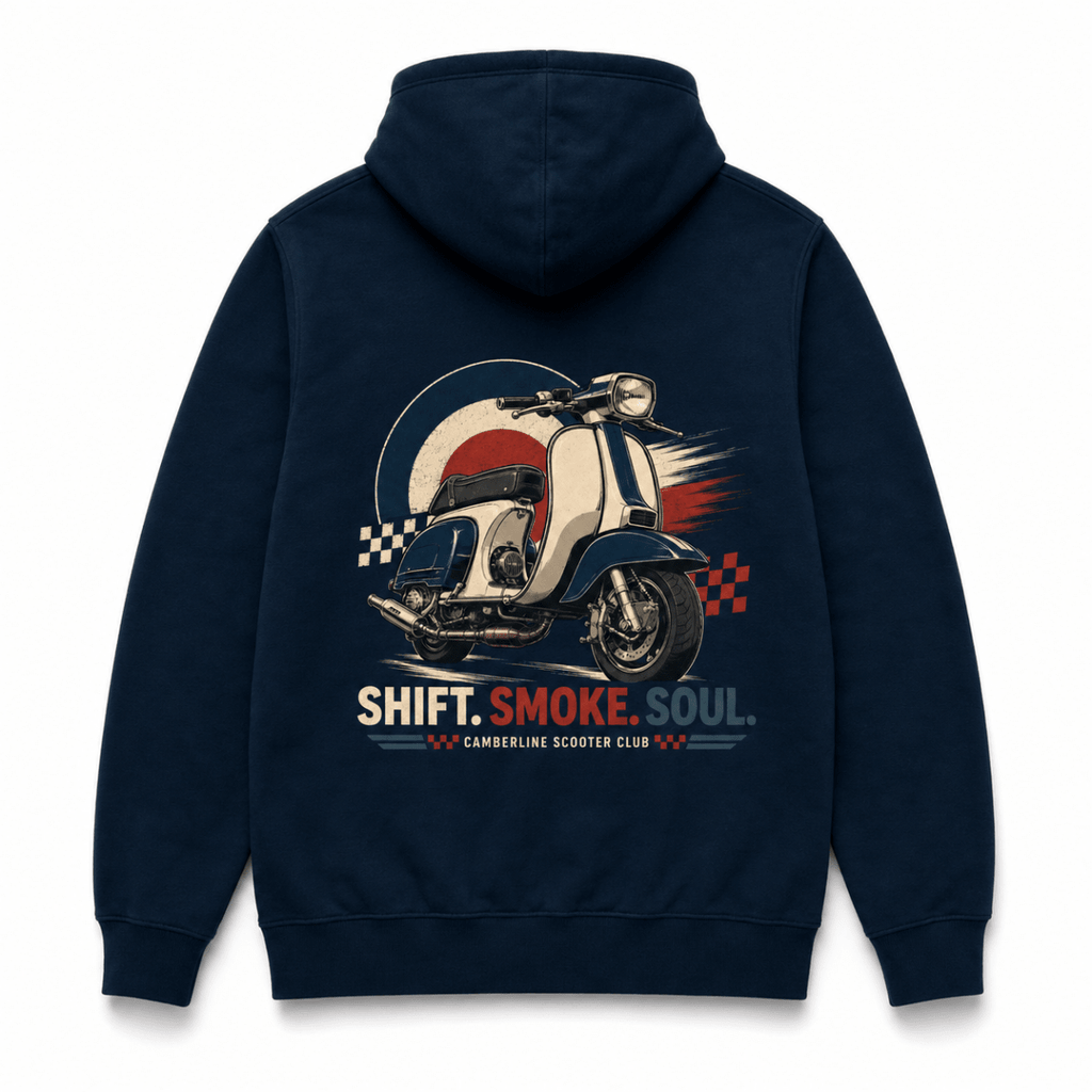 Back product view of the navy Shift Smoke Soul scooter graphic hoodie