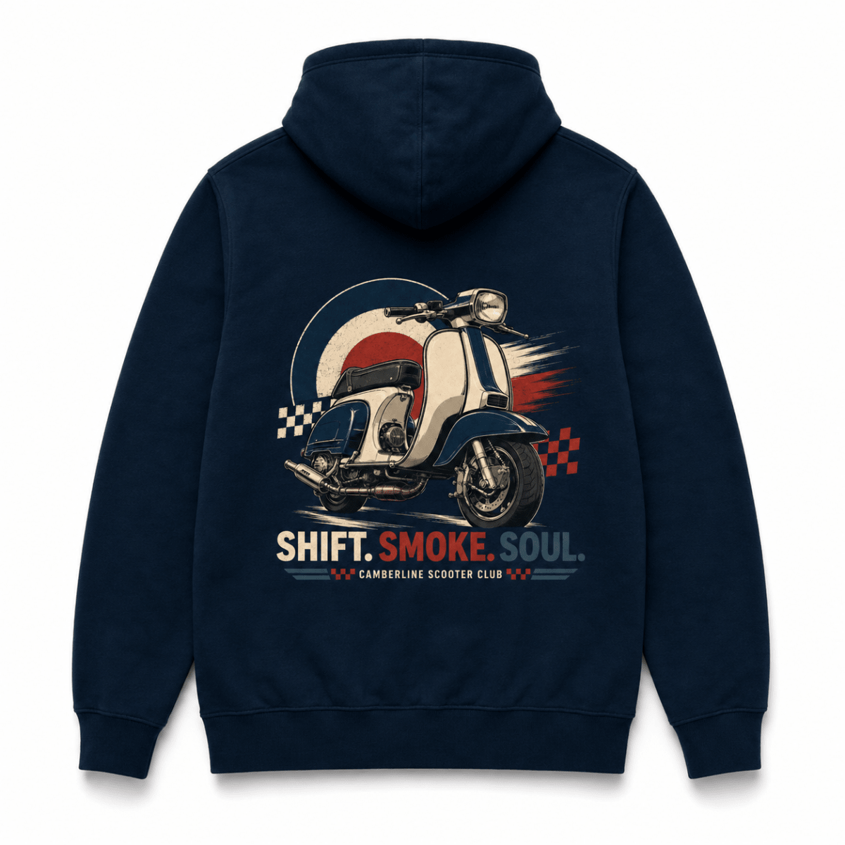 Back product view of the navy Shift Smoke Soul scooter graphic hoodie