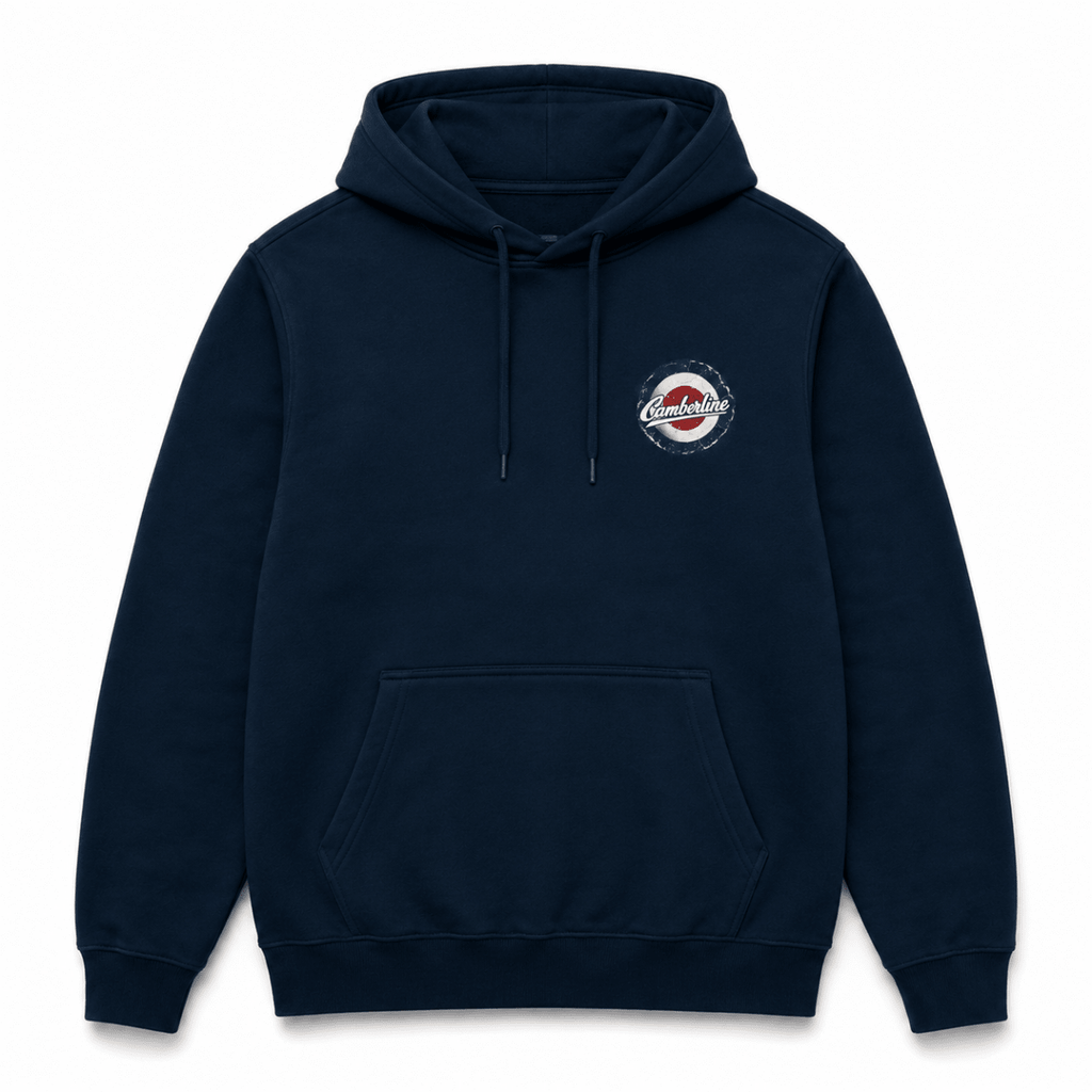 Front product view of the navy hoodie with small Camberline left-chest print