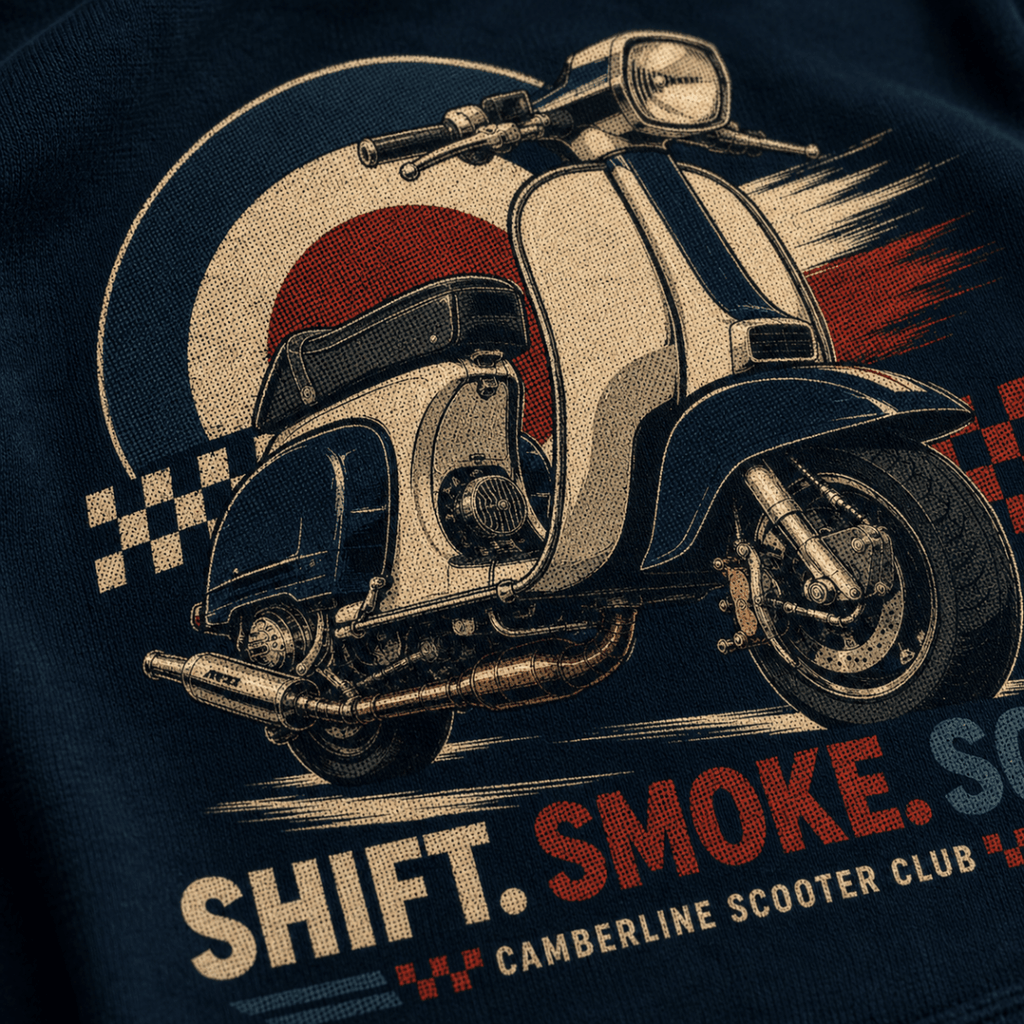 Close-up of the Shift Smoke Soul vintage scooter premium halftone DTF print on navy hoodie fabric