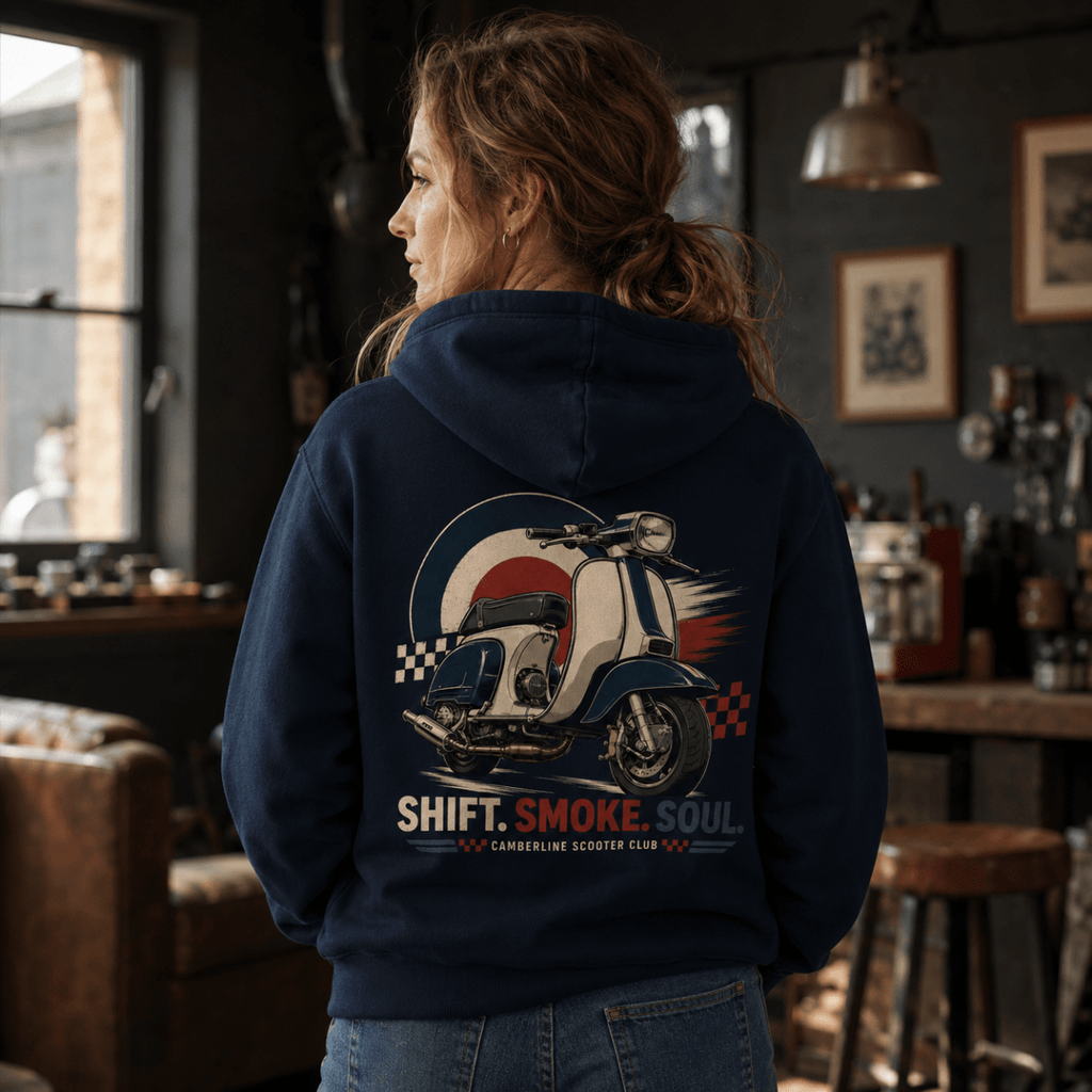 Model wearing a navy Shift Smoke Soul vintage scooter graphic hoodie, back print view
