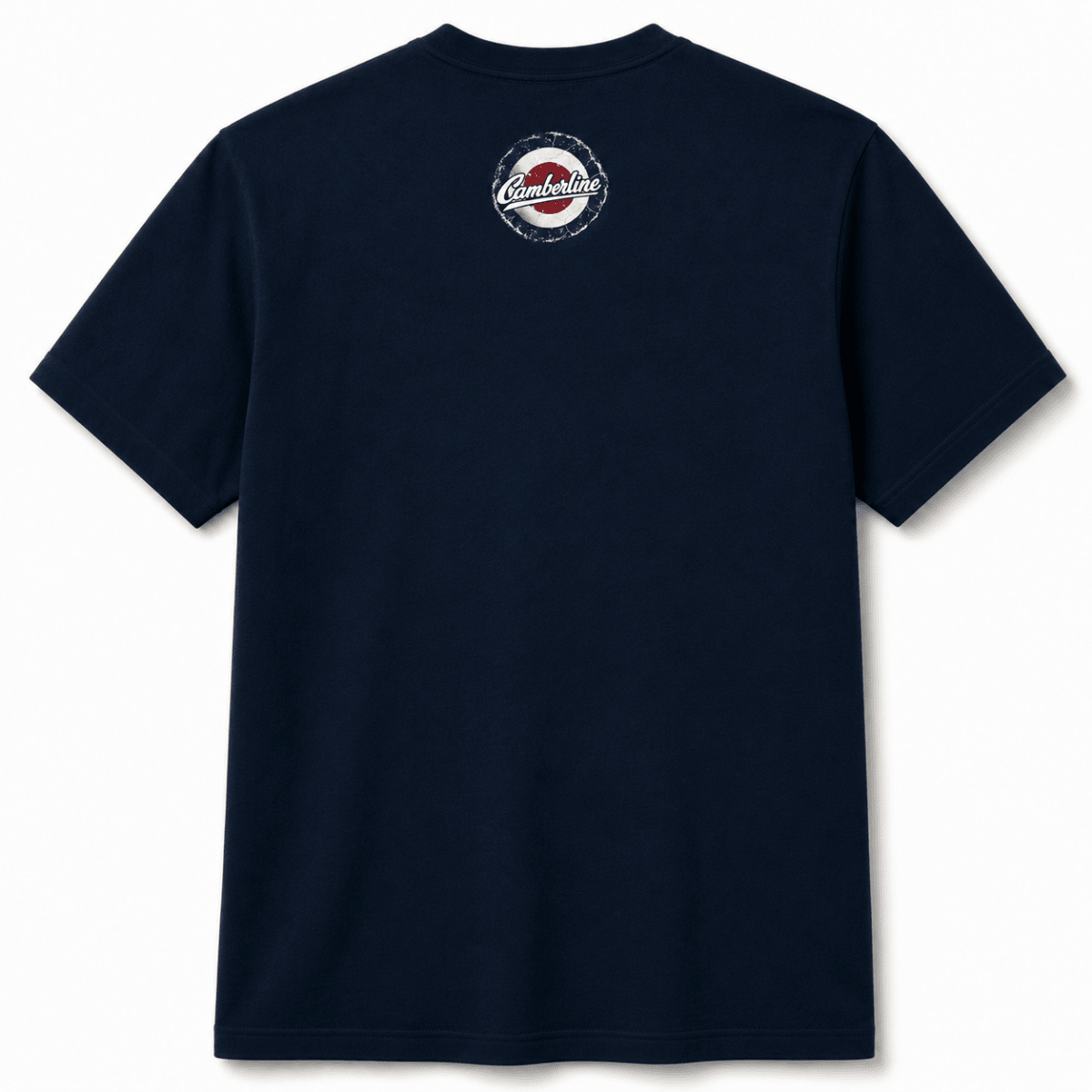 Back product view of the navy T-shirt with small Camberline nape print