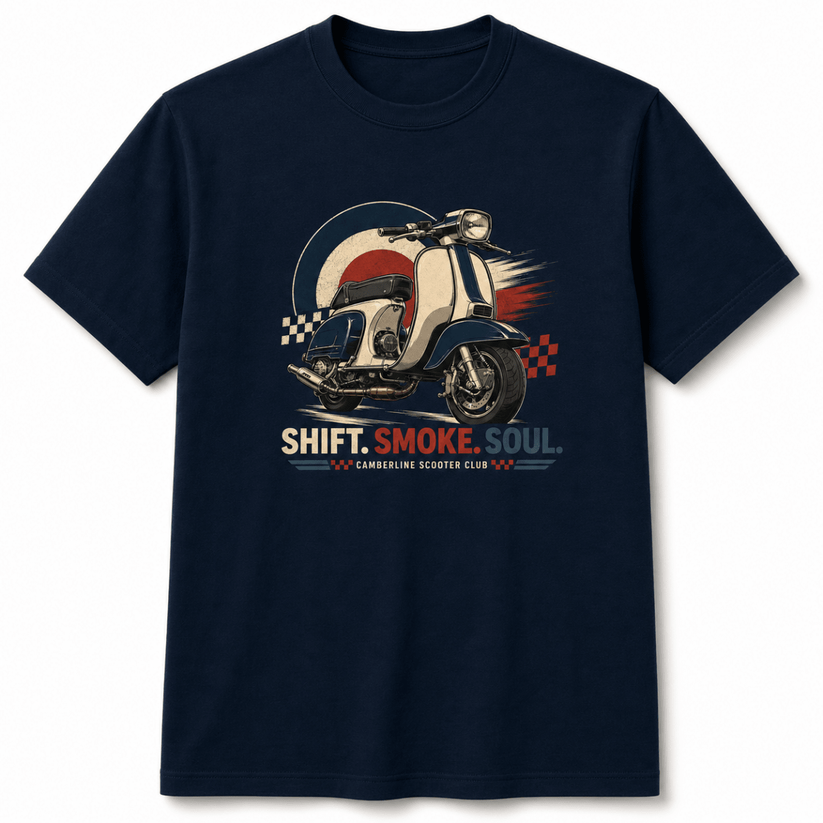 Front product view of the navy Shift Smoke Soul scooter graphic T-shirt