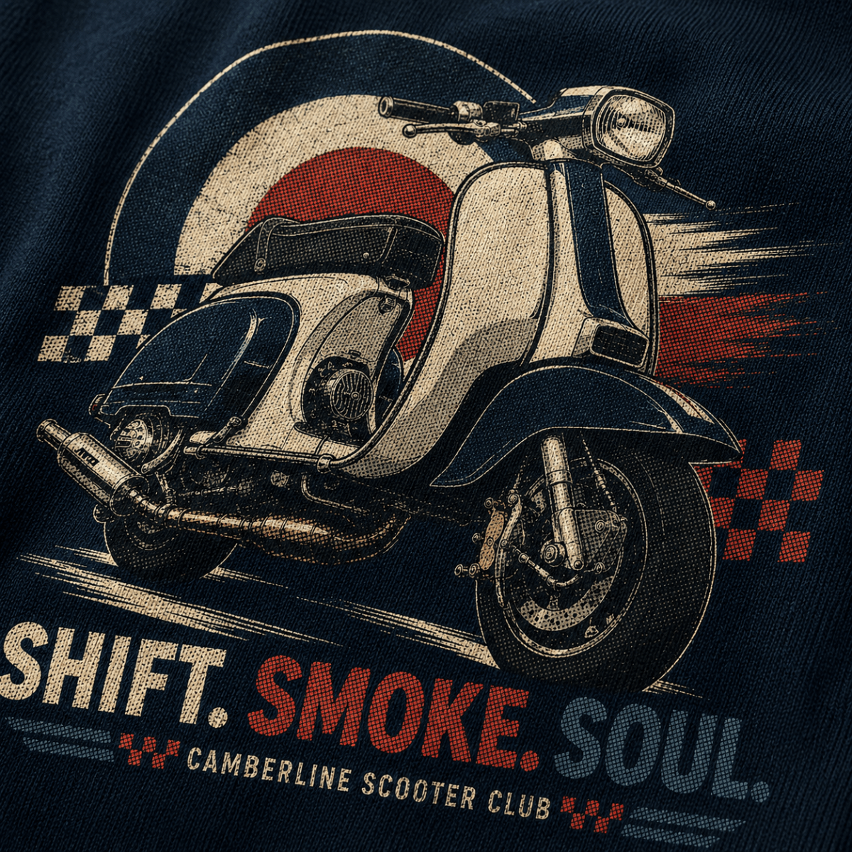 Close-up of the Shift Smoke Soul vintage scooter premium halftone DTF print on navy fabric