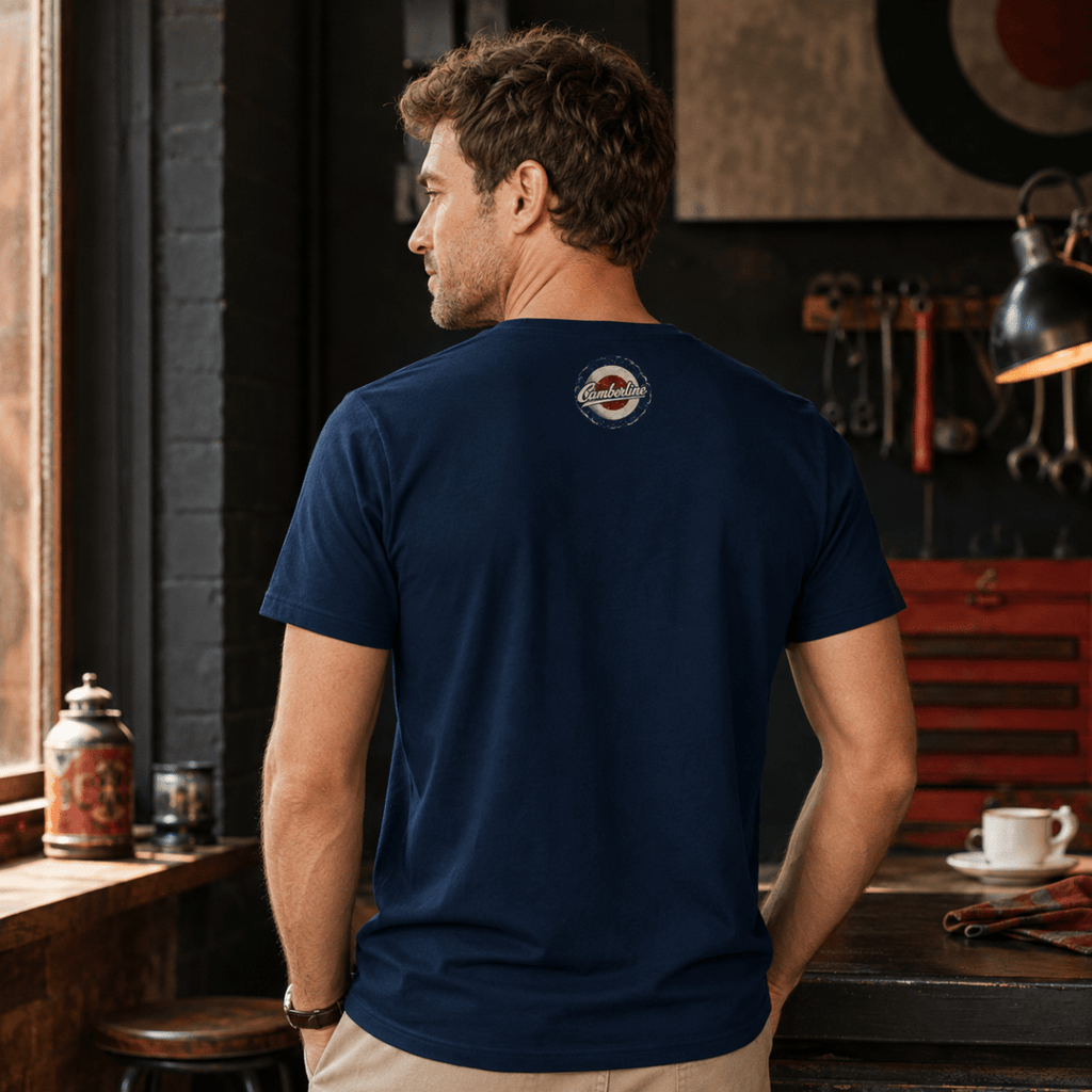 Back view of model wearing the navy Camberline T-shirt with nape print
