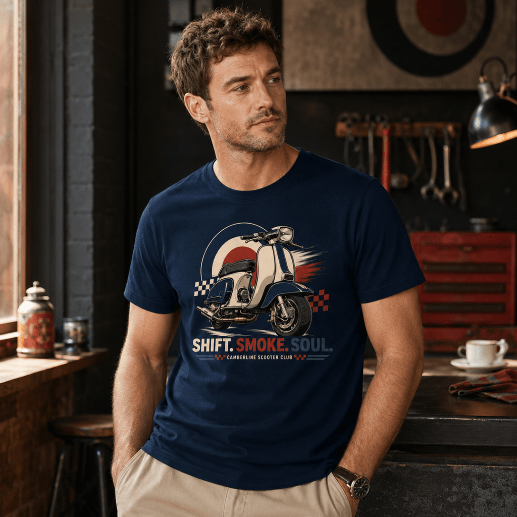 Model wearing a navy Shift Smoke Soul vintage scooter graphic T-shirt, front view