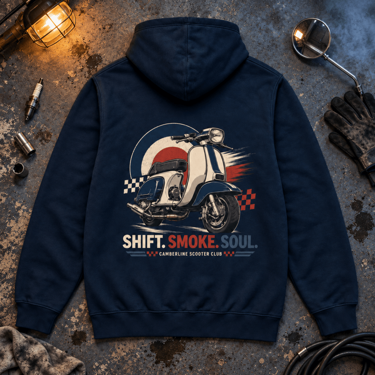 Shift Smoke Soul vintage scooter navy hoodie back hero in a smoky garage