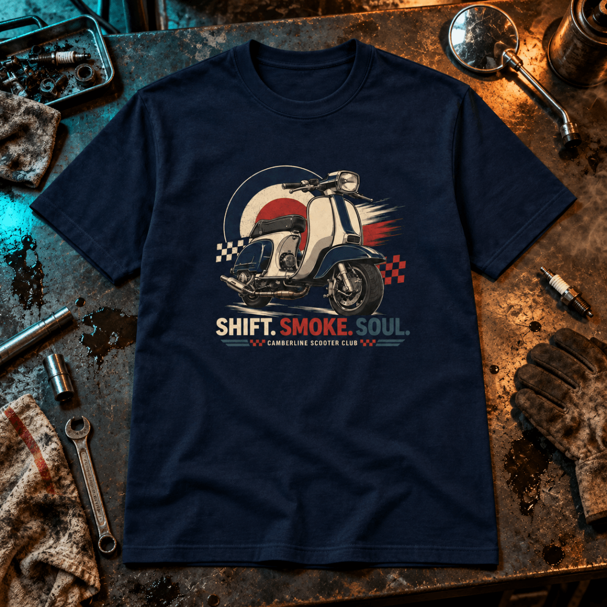 Shift Smoke Soul vintage scooter navy T-shirt front hero in a two-stroke workshop