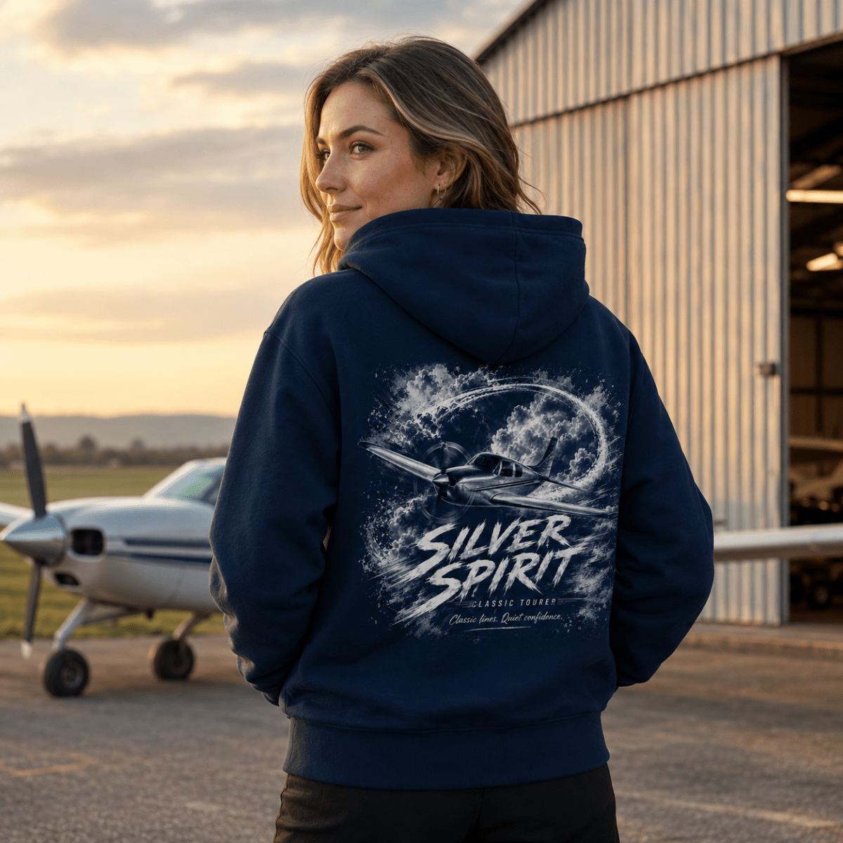 Model wearing Silver Spirit navy aviation hoodie with light aircraft back print