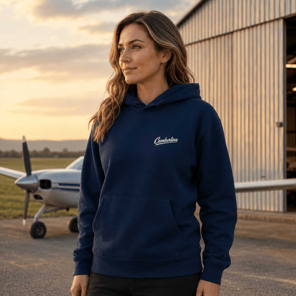 Model wearing Silver Spirit navy aviation hoodie, front view