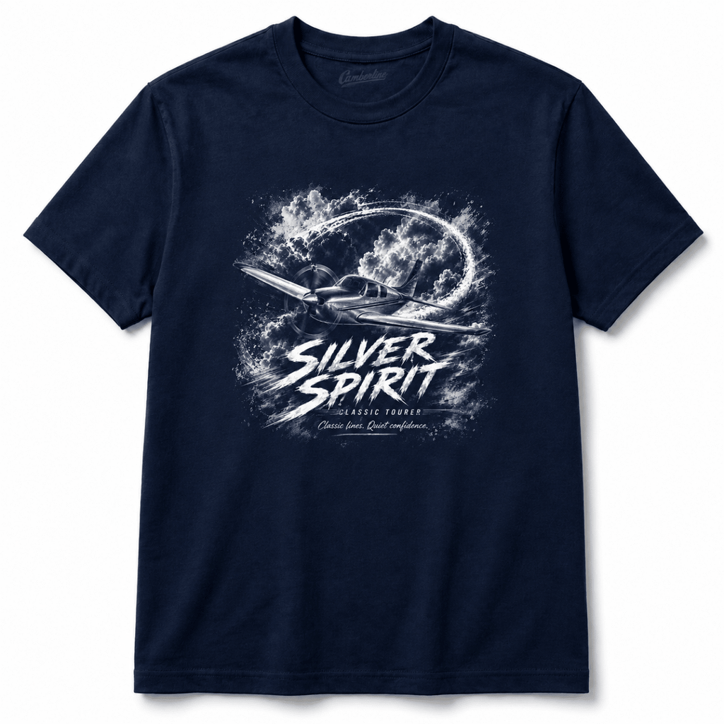 Silver Spirit light aircraft navy T-shirt front product view
