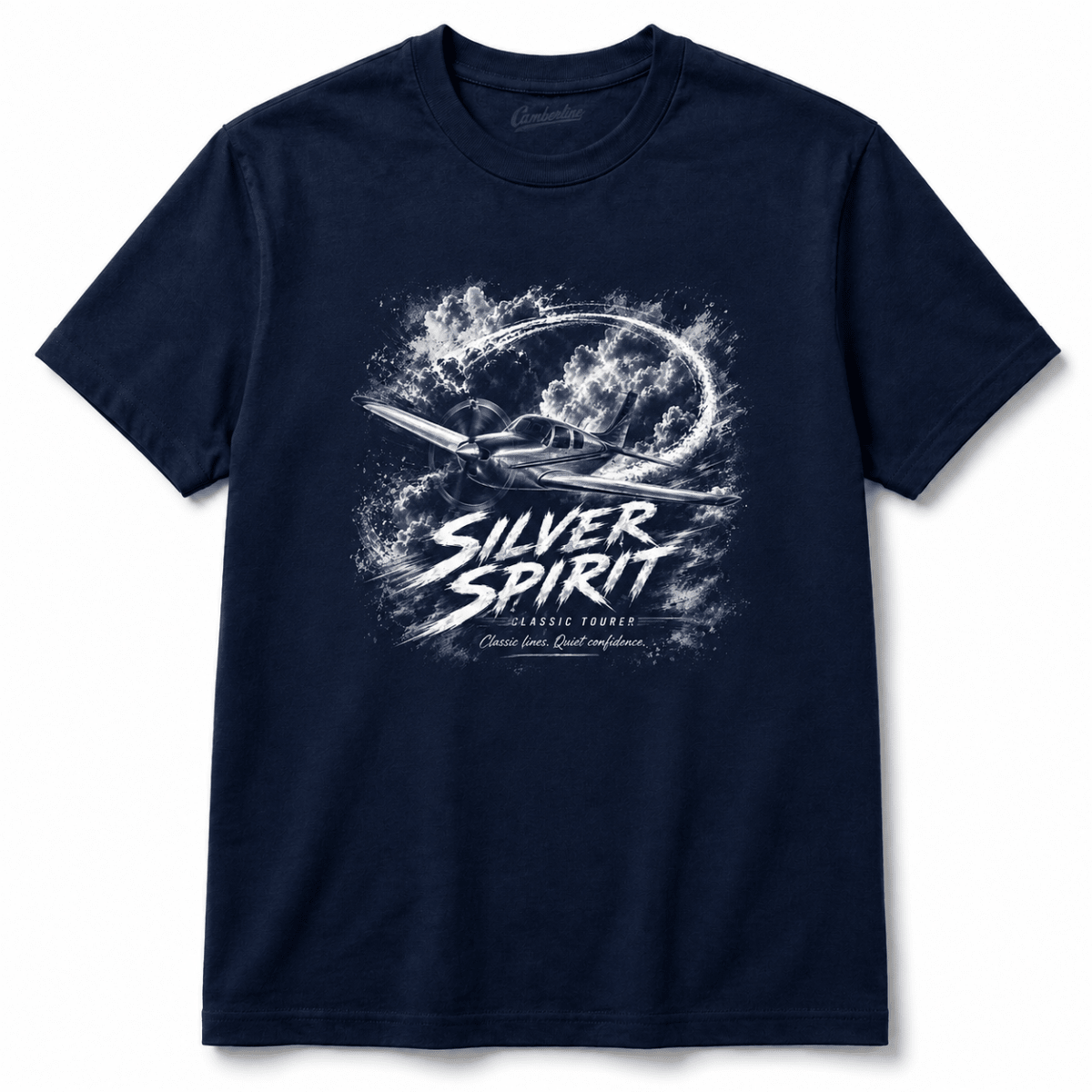Silver Spirit light aircraft navy T-shirt front product view
