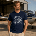 Model wearing Silver Spirit light aircraft aviation navy T-shirt, front view