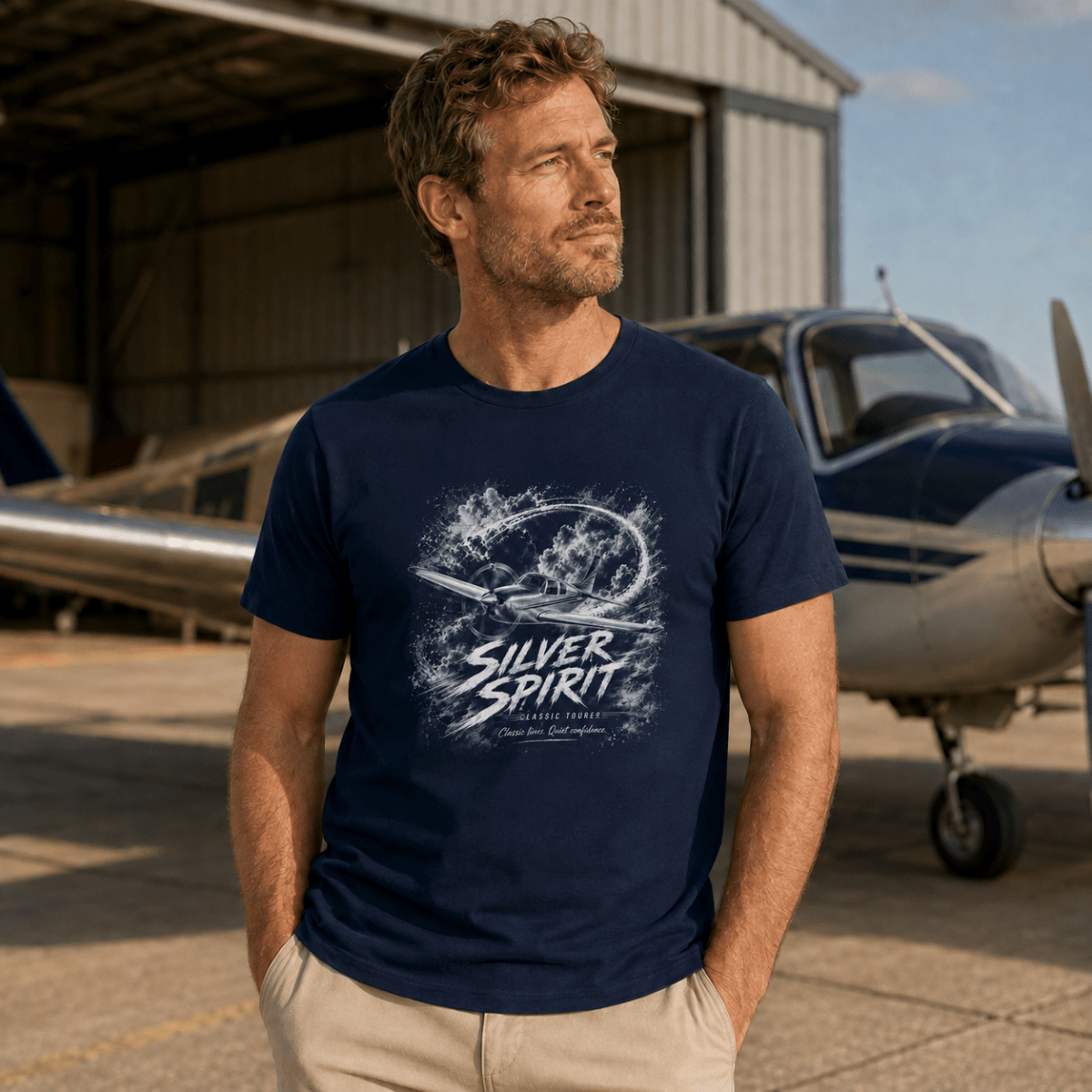 Model wearing Silver Spirit light aircraft aviation navy T-shirt, front view